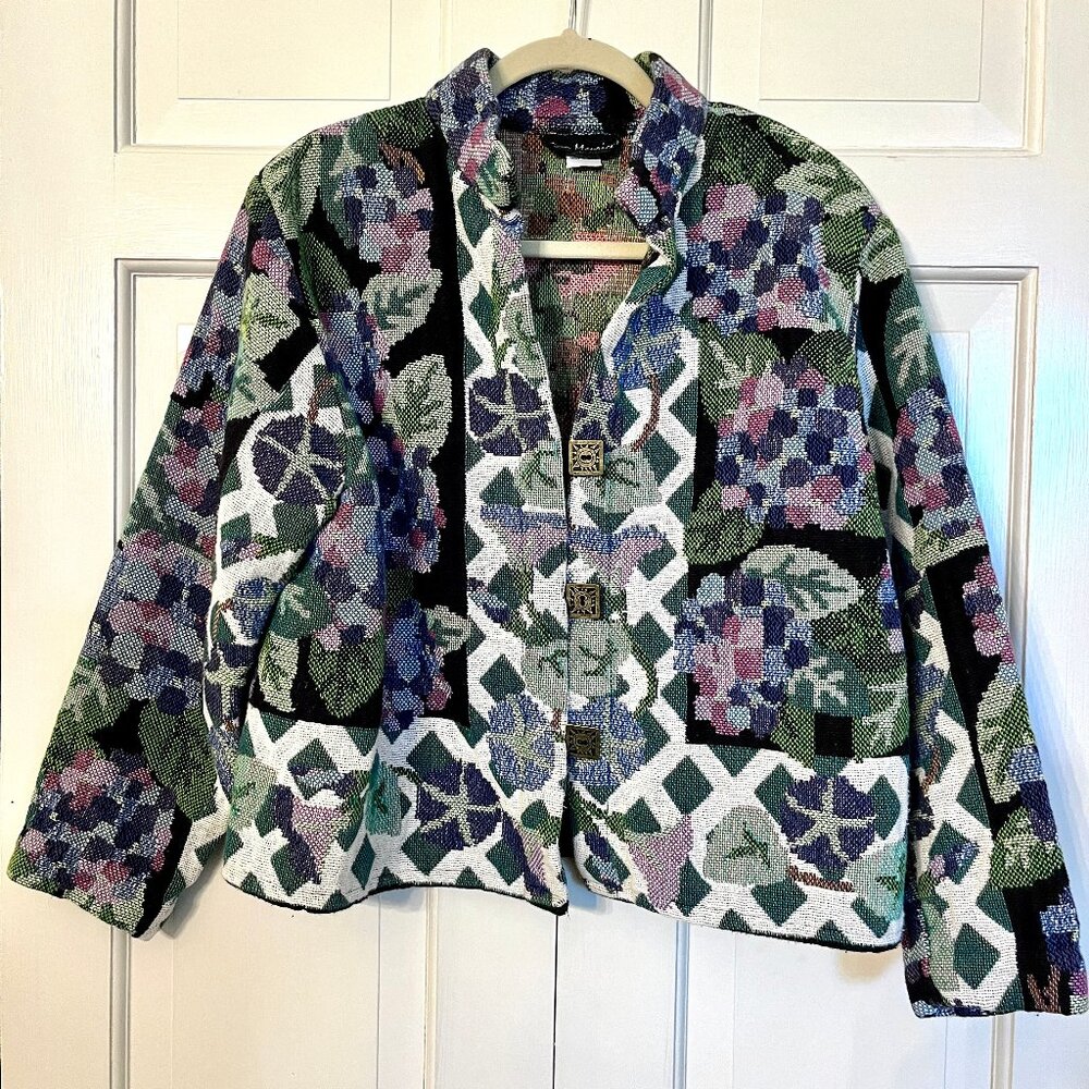 Ann Maurice Vintage Floral Blanket‎ Jacket Coat One Size Art to Wear 90's